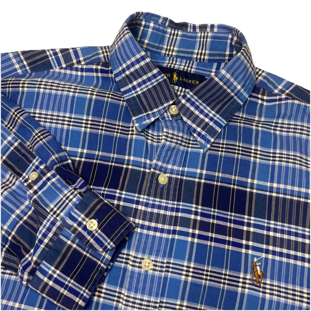 Ralph Lauren Polo Men's Long Sleeve Button Casual Shirt, Blue Plaid Size Medium